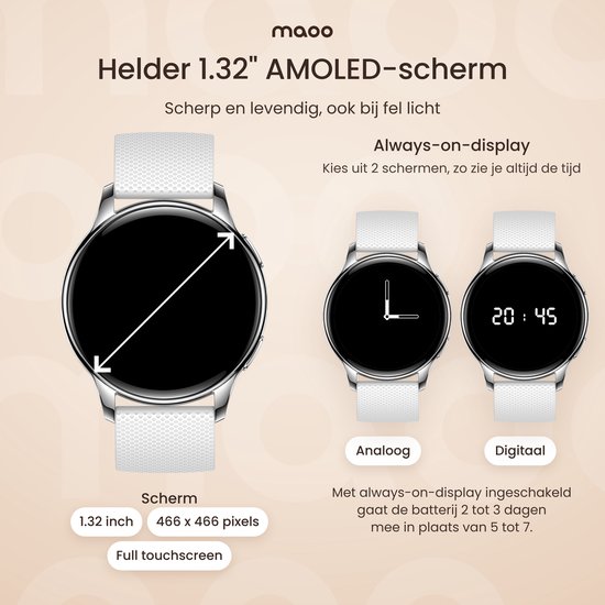 Details van het 1,32 inch AMOLED-scherm, met opties voor analoog en digitaal always-on-display.