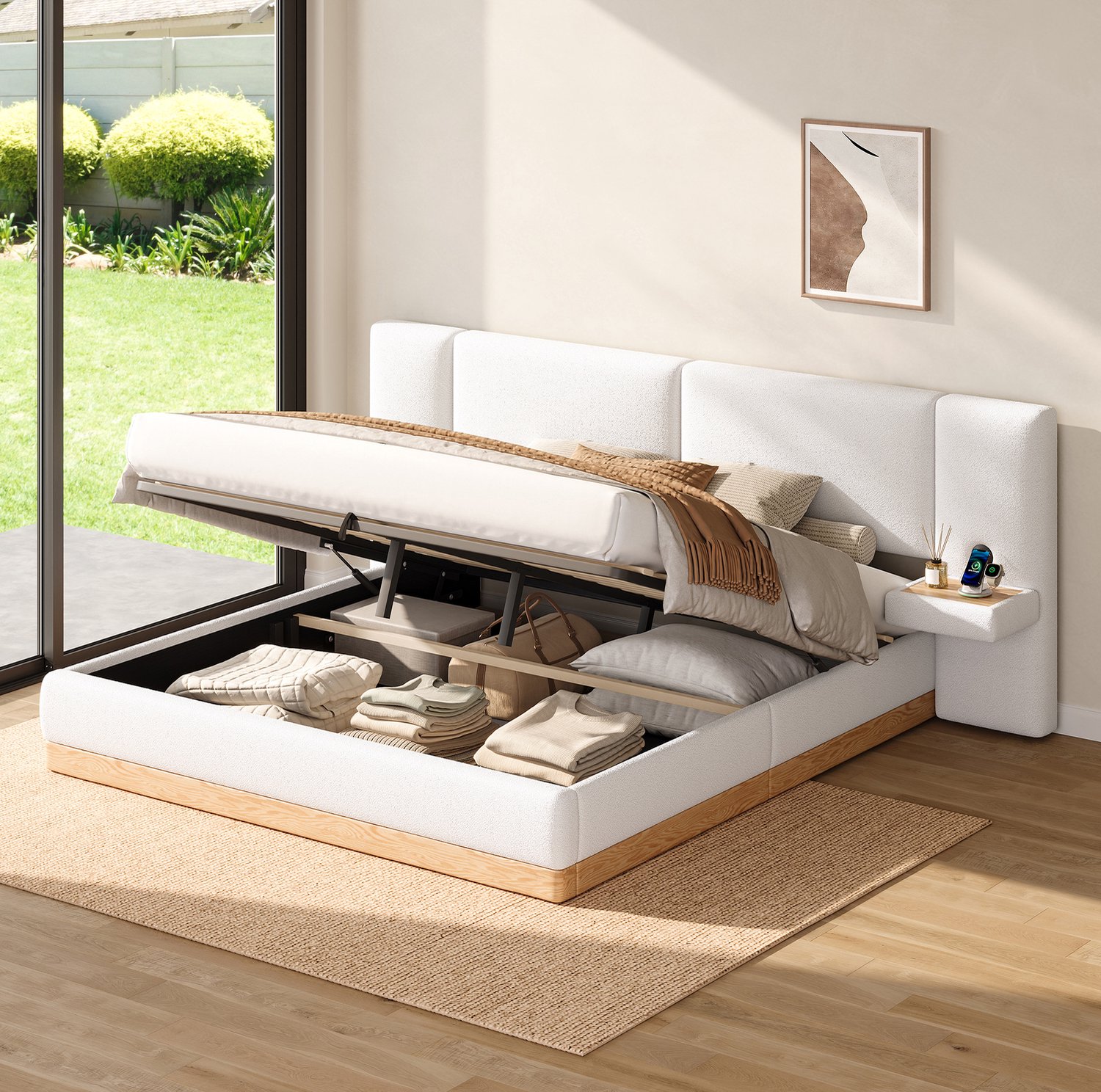 WUVRIE Tweepersoonsbed 140x200 cm - Hydraulische opbergruimte, USB en zijplanken - Wit/naturel Wit en naturel