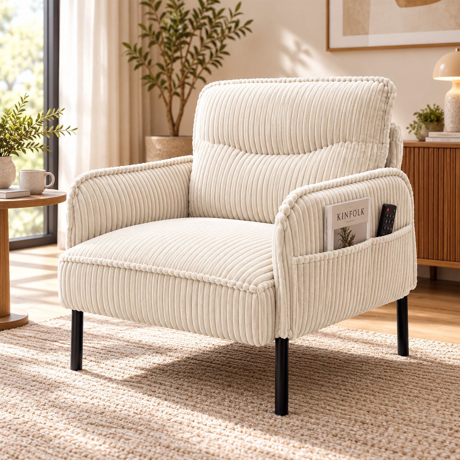 Compacte 1-persoons beige cord fauteuil - met armleuningen en zijvakken - hoge rugleuning - metalen poten - gepolsterd en comfortabel - geschikt voor woon- en slaapkamers en kleine ruimtes