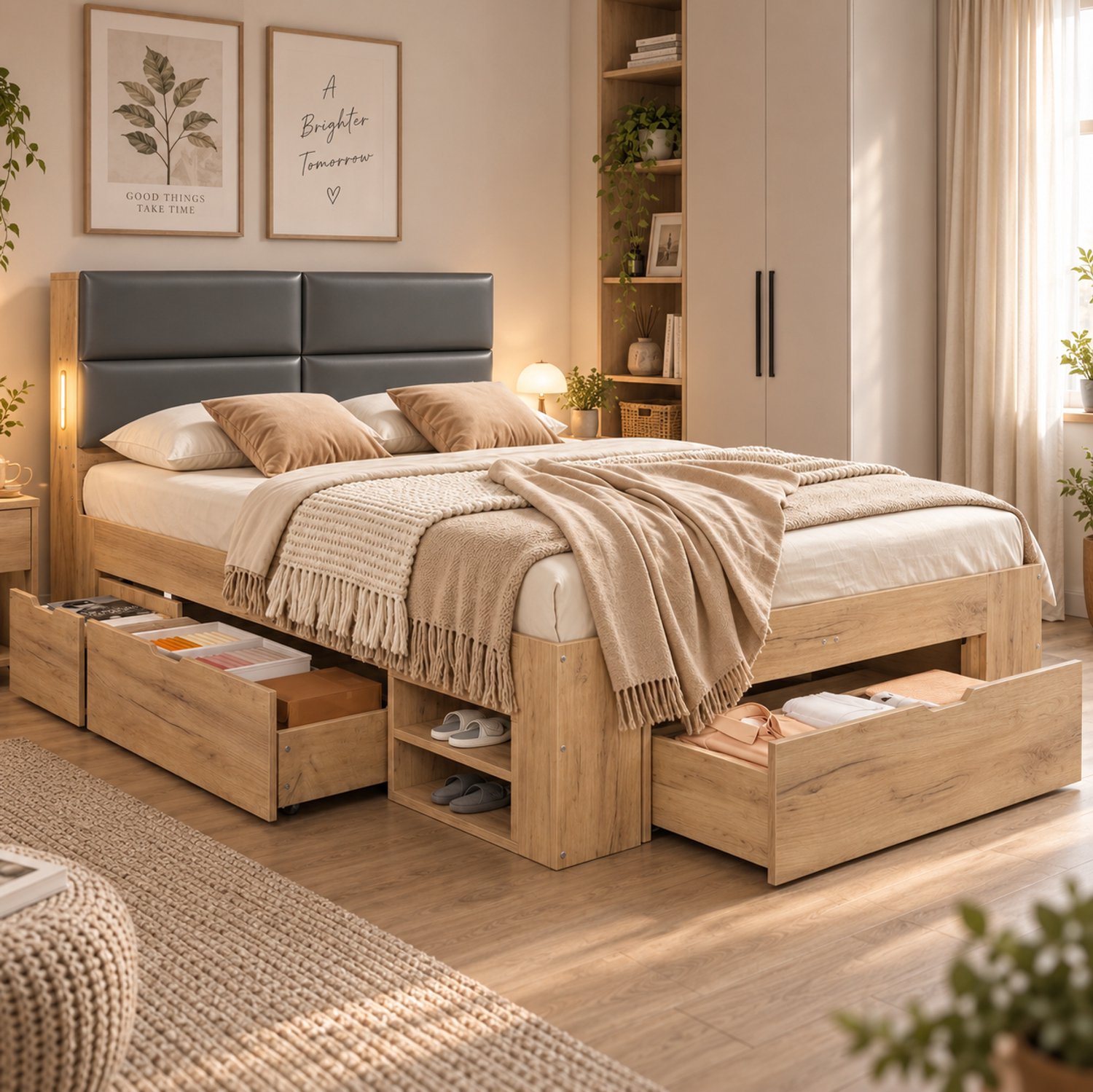 STILVORA Bed 140x200 cm – Tweepersoonsbed Met Opberglades – Nachtlampje En USB-Aansluitingen – Kunstleren Hoofdbord – Zonder Matras – Naturel