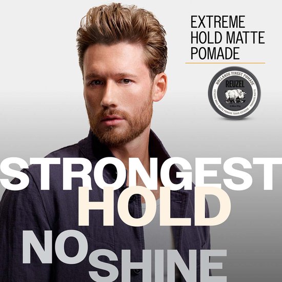 Man met gestyled bruin haar en baard, tekst: Extreme Hold Matte Pomade, Strongest Hold No Shine.