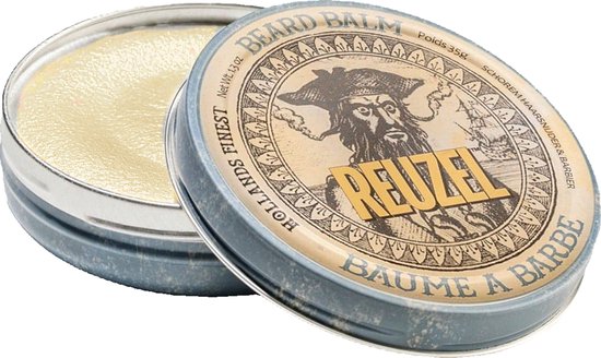 Open blik Reuzel baardbalsem met beige textuur op een zwarte achtergrond.