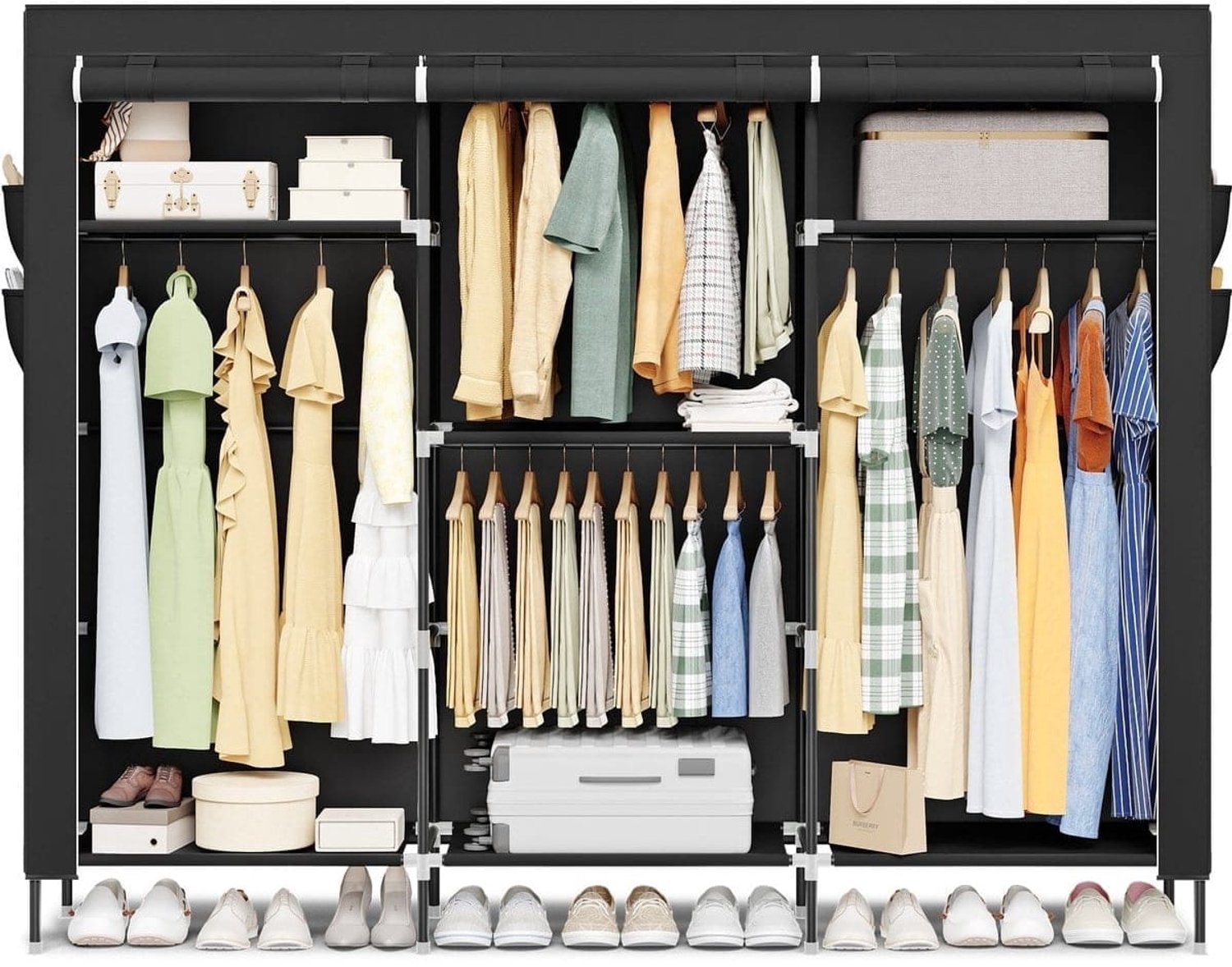 Klarven Kledingkast Zwart - Zijvakken Kledingkast - Kledingkasten - Wardrobe - 4 Hangvakken, Stoffen Deur - B189xd45xh180cm