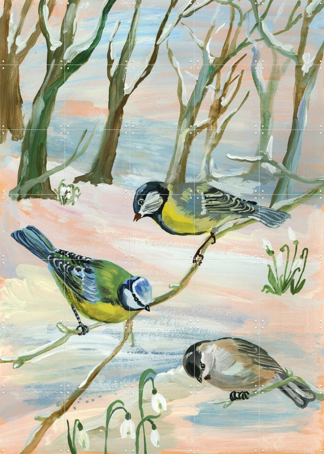 IXXI C'est L'hivers, Nathalie Lété - 100 x 140 cm - Grote wanddecoratie en posters - Schilderijen, Woonkamer, Winter, Sneeuw, Vogels Groen