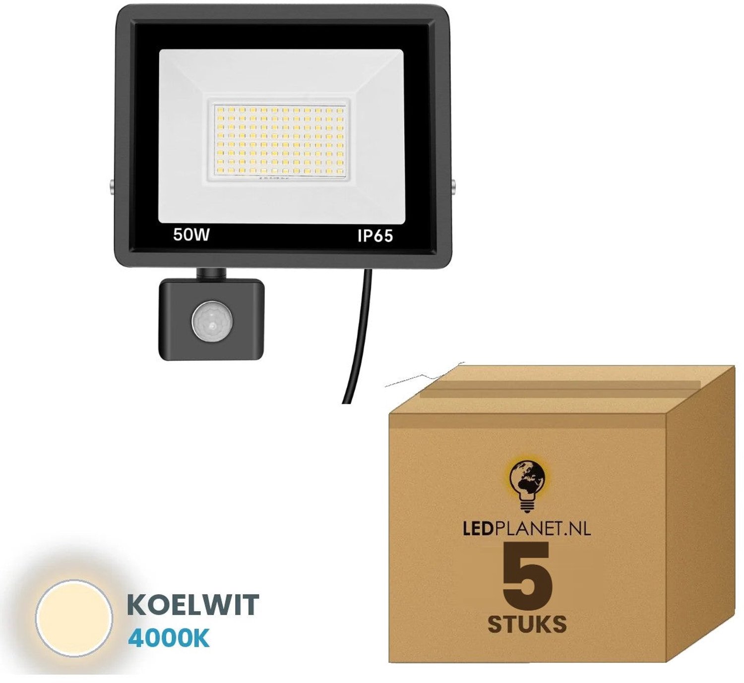 Tsong LED schijnwerper 50W - 5 stuks - Koelwit 4000K - 5.000 lm - 120° breedstraler - bewegingssensor - IP65
