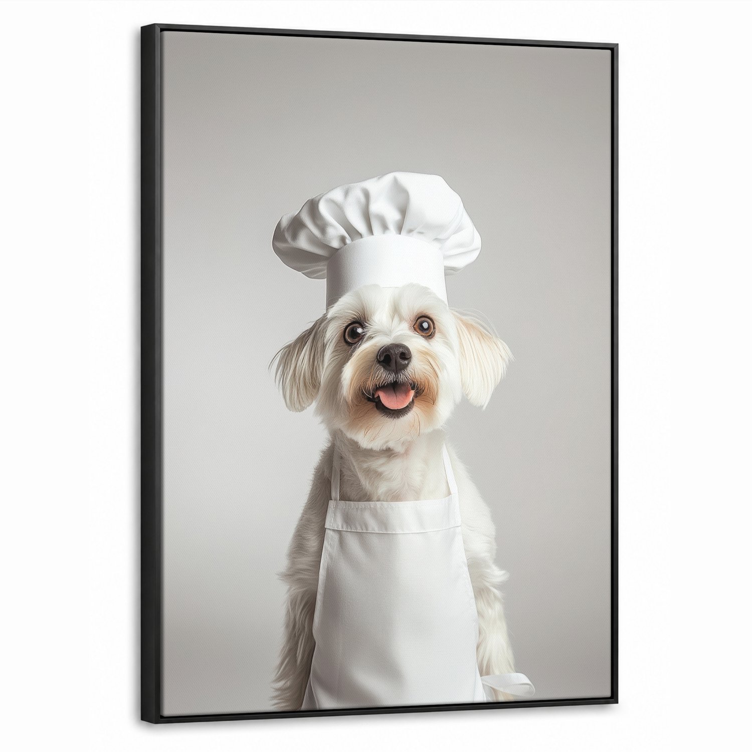 Canvas Schilderij met Baklijst 70x100cm - Hond - Wit - Kok - Muurdecoratie woonkamer - Slaapkamer decoratie - Kamer accessoires - Schilderijen op canvas met lijst