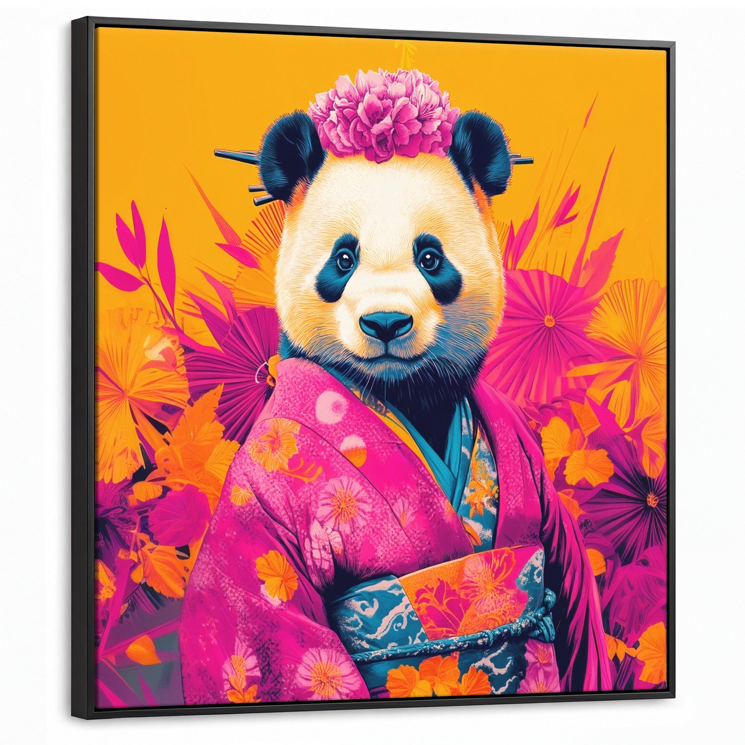 Canvas Schilderij met Baklijst 90x90cm - Kimono - Roze - Panda - Bloemenkroon - Muurdecoratie woonkamer - Slaapkamer decoratie - Kamer accessoires - Schilderijen op canvas met lijst