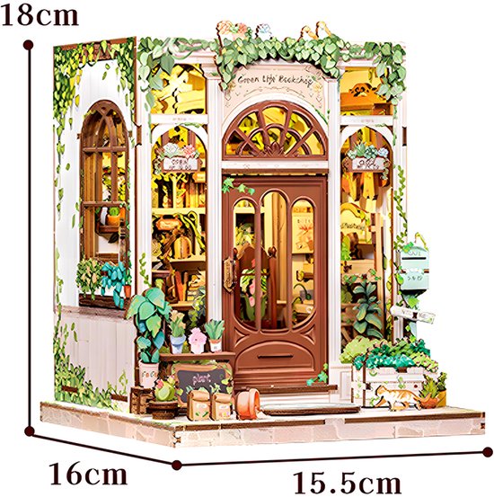 DIY "Boekenhoek" Bouwmodel - Mini Groene Boekhandel - 3D Houten Puzzel - Zelf in elkaar te zetten Huis - Miniatuur Scène Set - Model Speelgoed - Geschikt voor Boekenplanken en Woondecoratie - Inclusief LED-verlichting