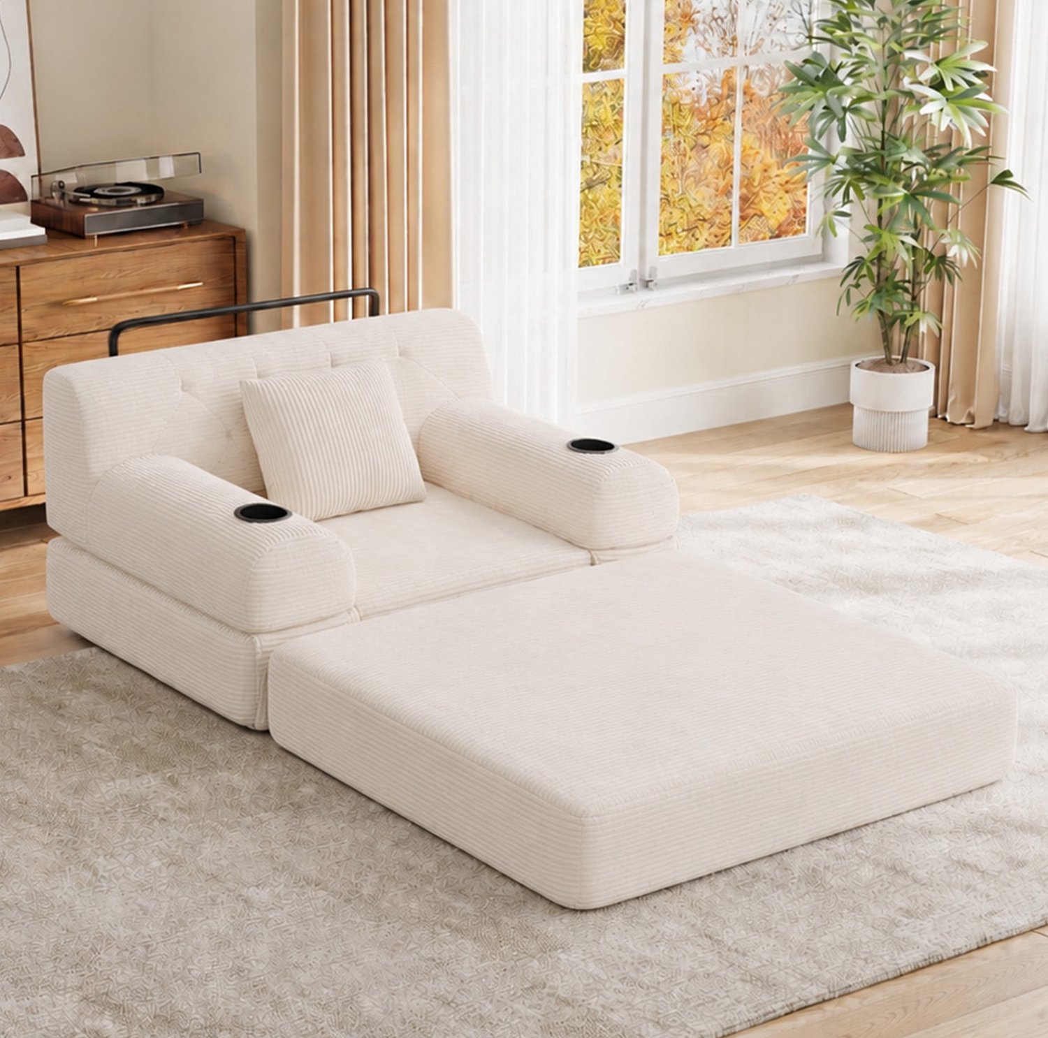 MODENUIT Slaapbank 107 x 80 x 81 cm - 1-Zits Met 2 Bekerhouders En 4 Zijvakken - Woonkamer - Ribstof - Beige