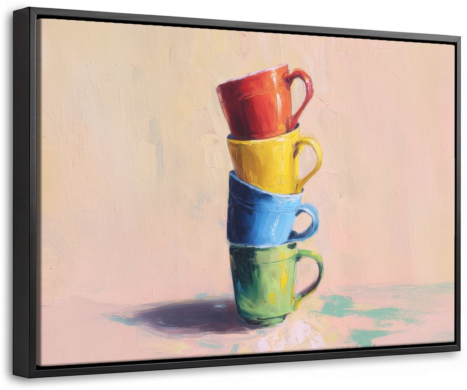 Canvas Schilderij met Baklijst 30x20cm - Mokken - Gestapeld - Keramiek - Kleurrijk - Muurdecoratie woonkamer - Slaapkamer decoratie - Kamer accessoires - Schilderijen op canvas met lijst