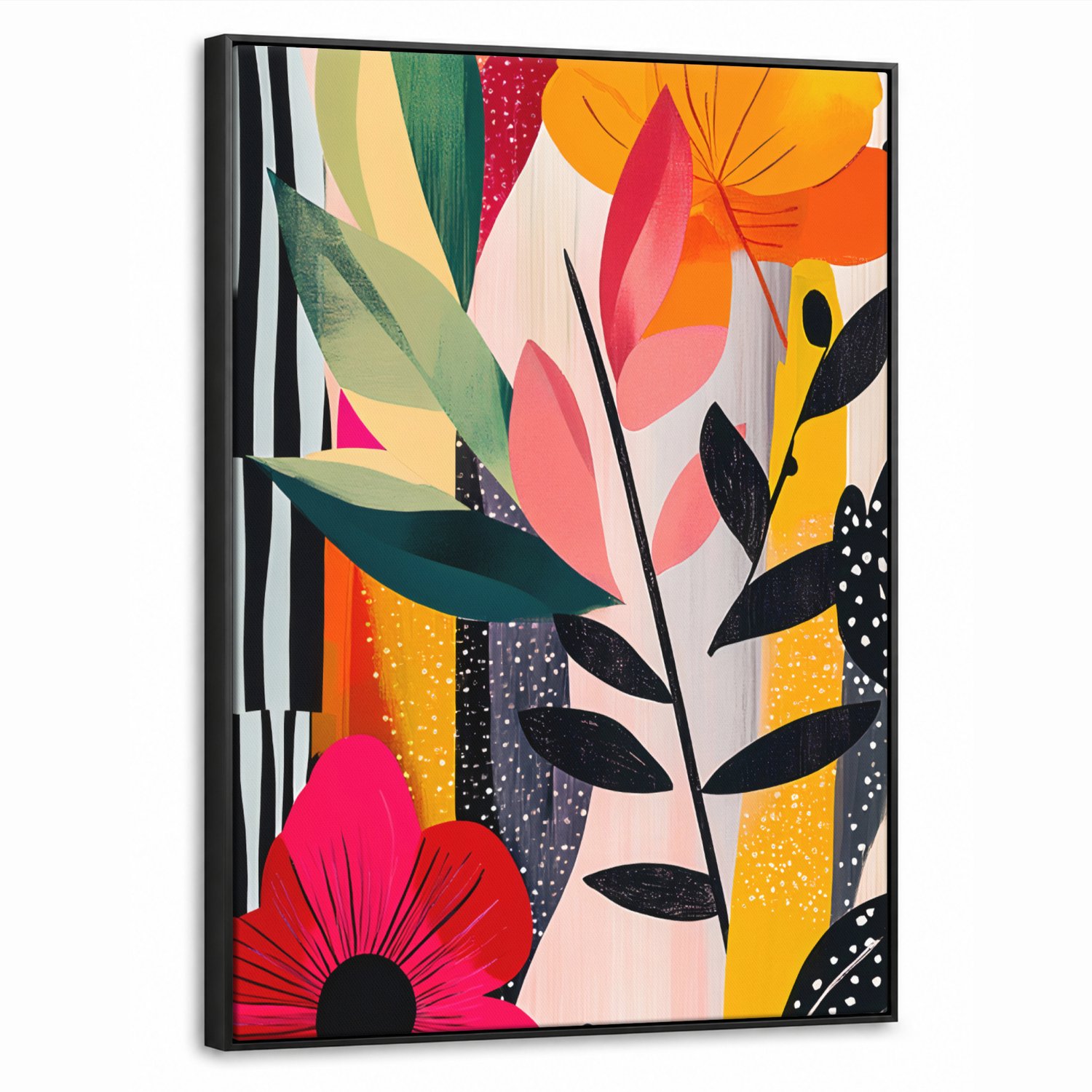 Canvas Schilderij met Baklijst 70x100cm - Bloemen - Bladeren - Abstract - Kleurrijk - Muurdecoratie woonkamer - Slaapkamer decoratie - Kamer accessoires - Schilderijen op canvas met lijst