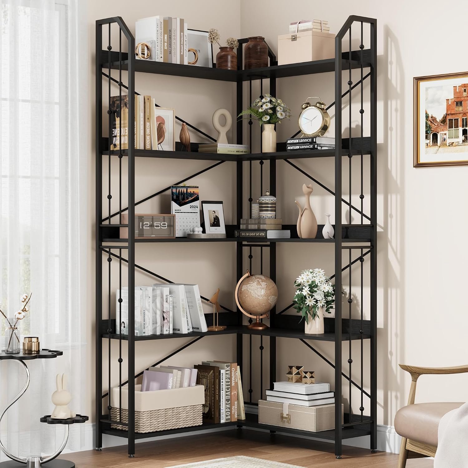 HOERFURIY Hoekboekenkast 5 planken 183 cm hoog, vrijstaand metaal rek voor woonkamer zwart