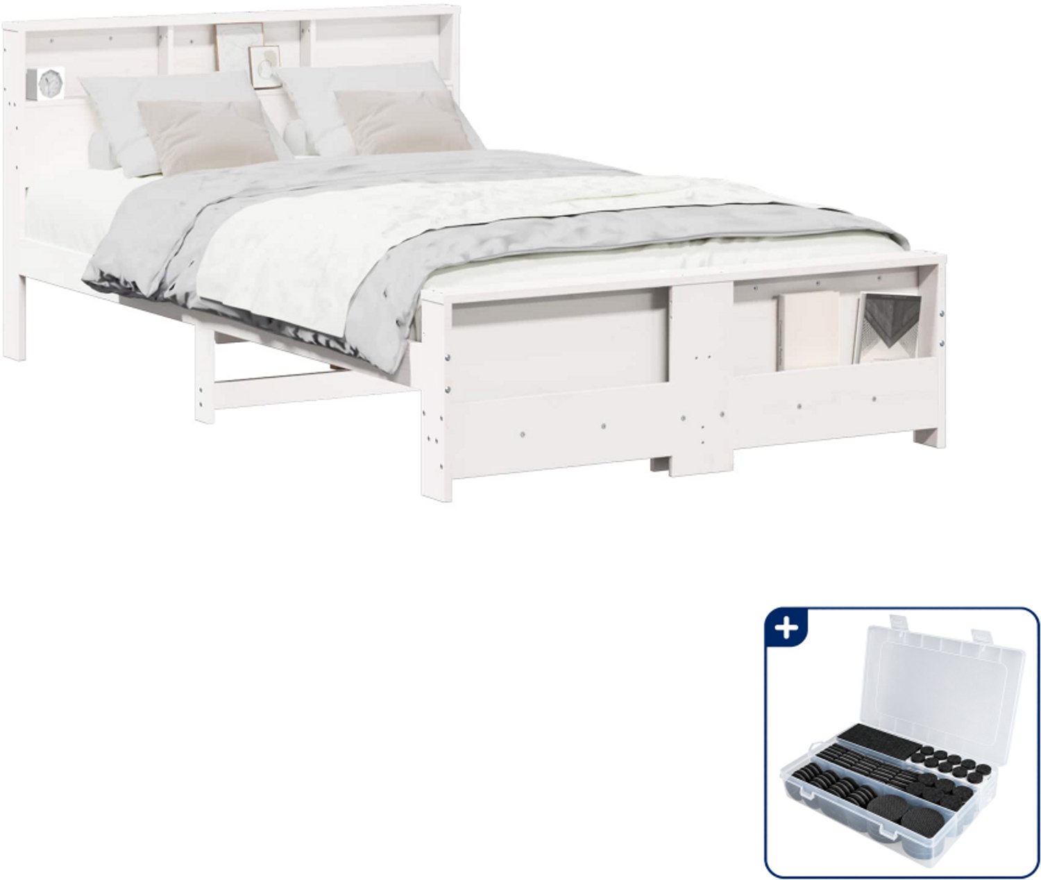 vidaXL bedframe met plank - 120 x 190 cm - massief grenenhout - wit - Inclusief antikrasvilt 177-delig