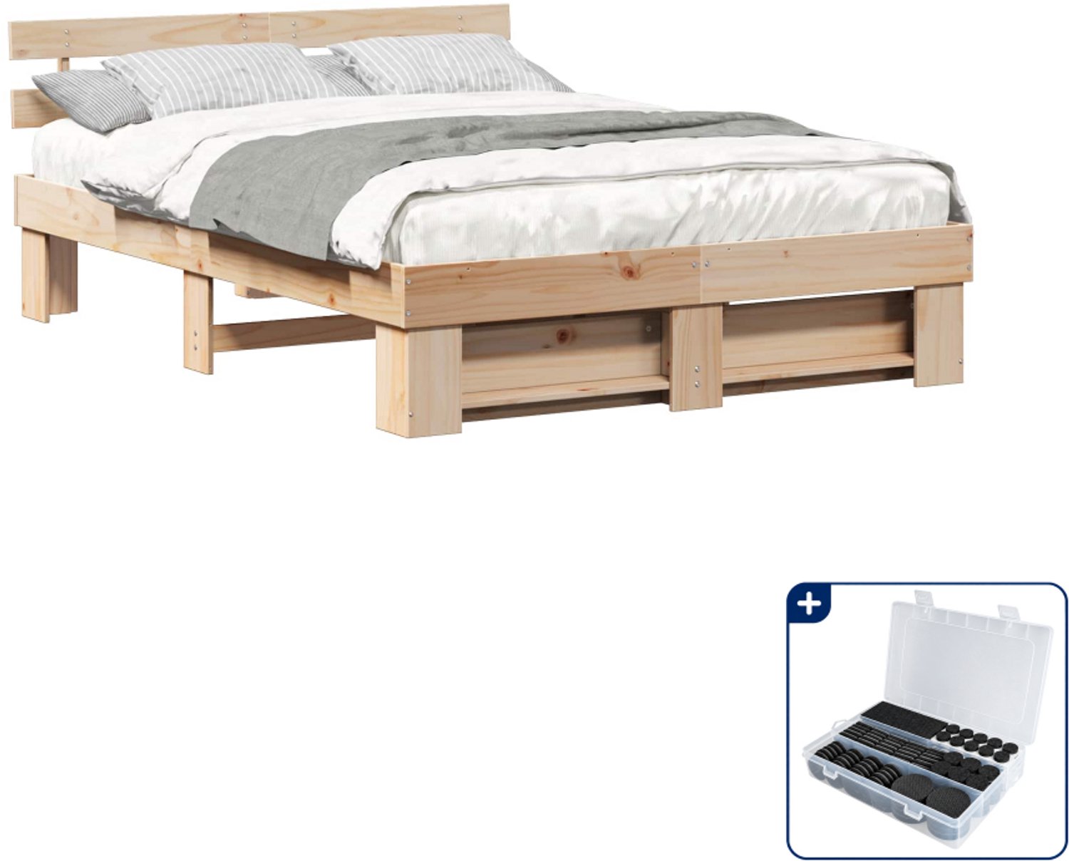 vidaXL bedframe met hoofdeinde - 150 x 200 cm - massief grenenhout - bruin - Inclusief antikrasvilt 177-delig