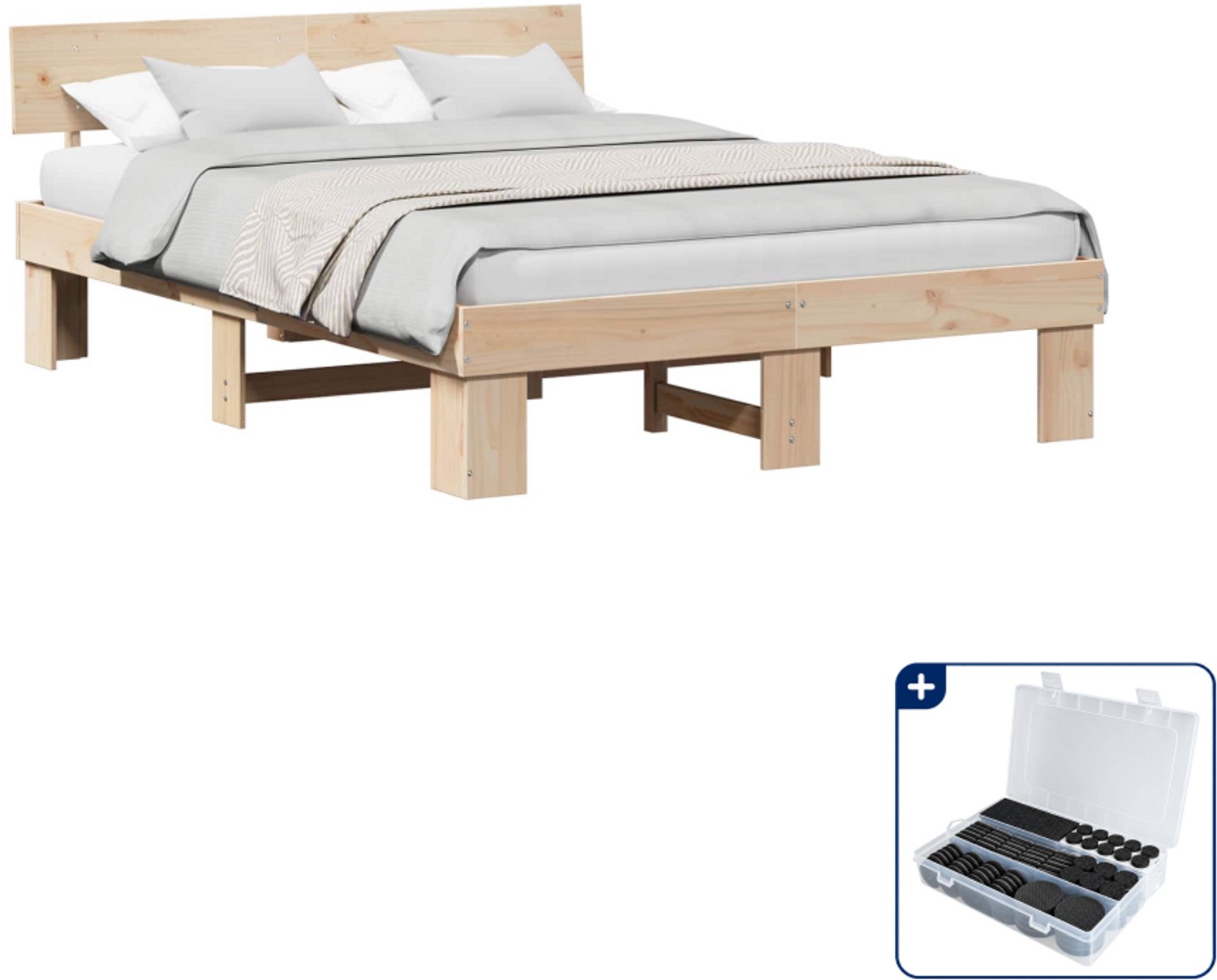 vidaXL Queensize bedframe - 160 x 200 cm - massief grenenhout - naturel - Inclusief antikrasvilt 177-delig Bruin