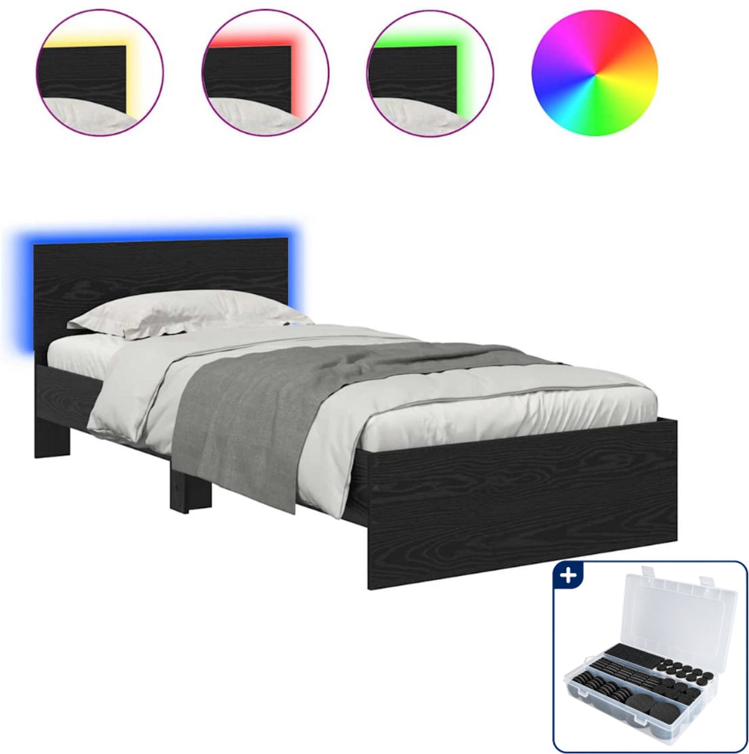 vidaXL bedframe met hoofdeinde - 90 x 190 cm - bewerkt hout - zwart - Inclusief antikrasvilt 177-delig