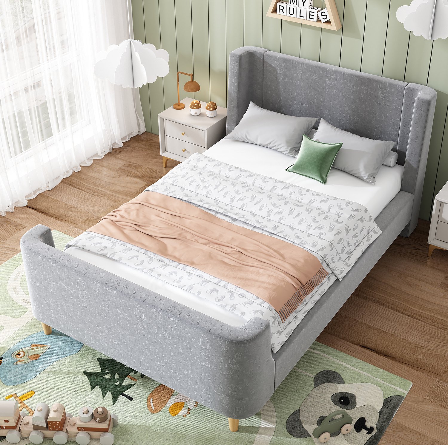 Maisentiel Kinderbed 90 x 200 cm met ruimtemotief - Grijs fluweel - Inclusief lattenbodem