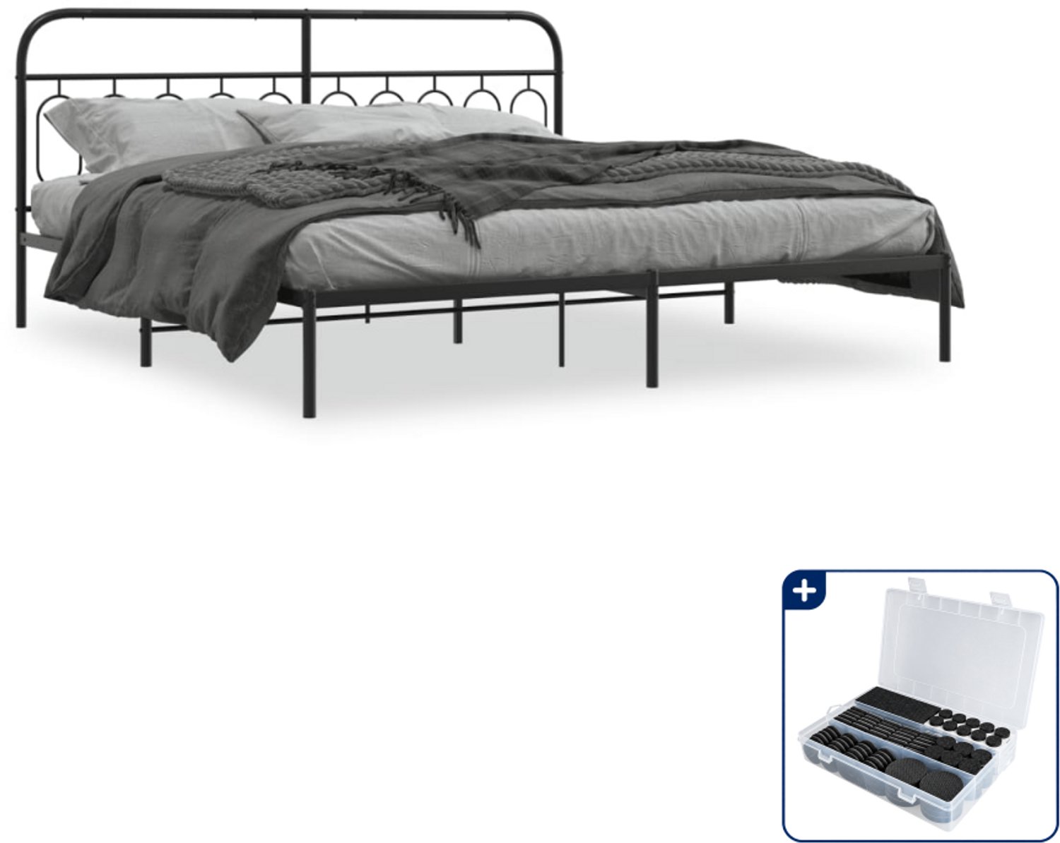 vidaXL bedframe met hoofdbord - 200 x 200 cm - staal - zwart - Inclusief antikrasvilt 177-delig