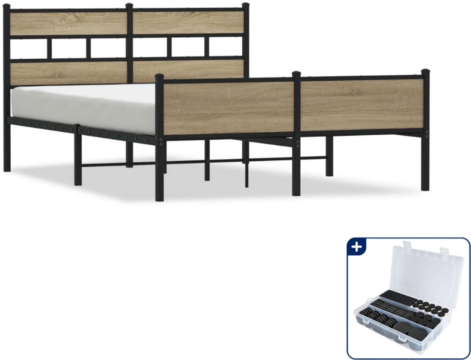 vidaXL bedframe - 150 x 200 cm - staal en bewerkt hout - sonoma eiken - Inclusief antikrasvilt 177-delig Bruin