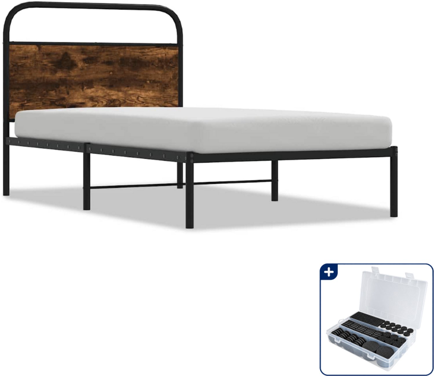 vidaXL bedframe - 107 x 203 cm - bewerkt hout en staal - gerookt eiken - Inclusief antikrasvilt 177-delig Bruin