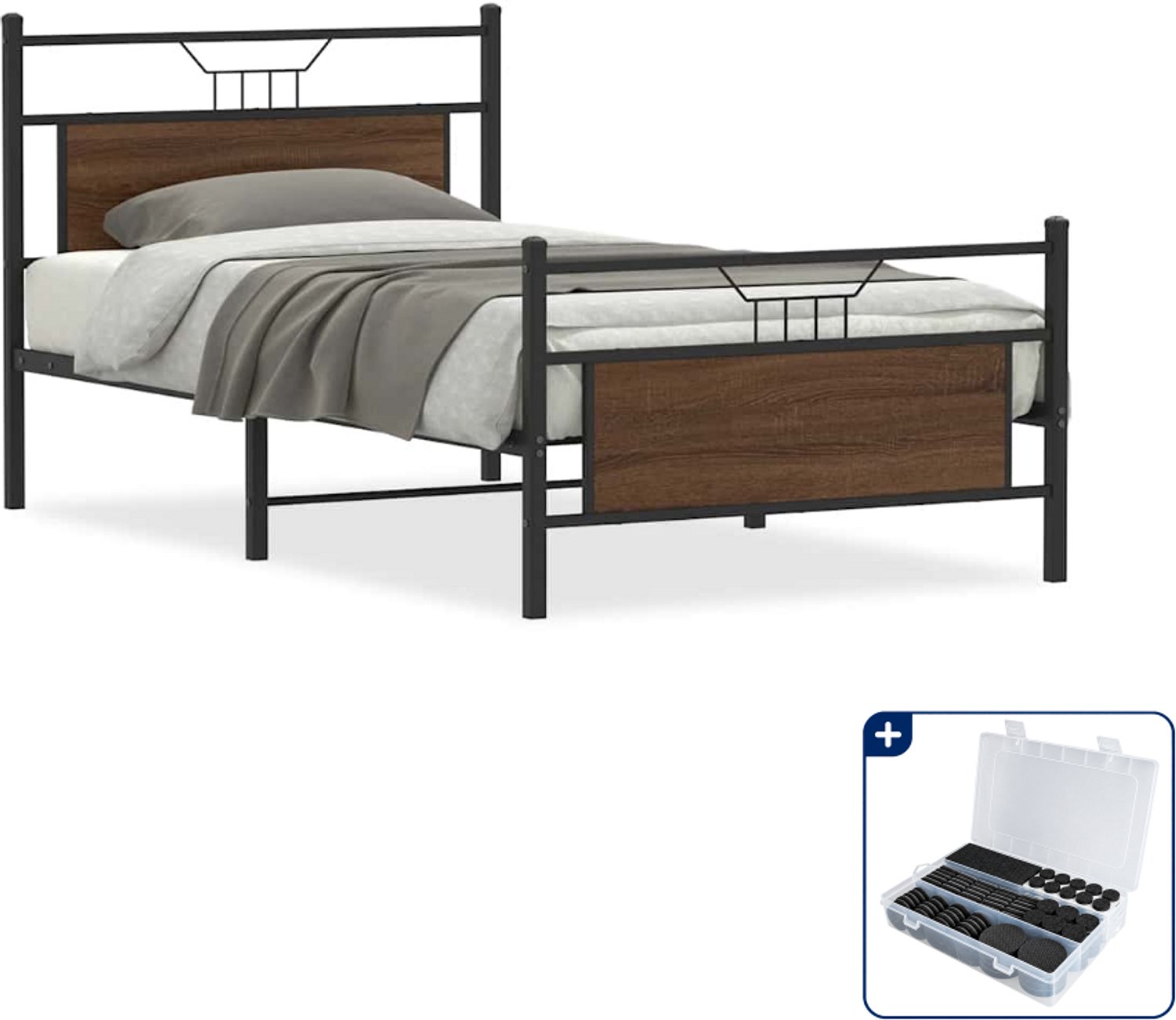 vidaXL bedframe - 100 x 190 cm - bewerkt hout en staal - bruin eiken - Inclusief antikrasvilt 177-delig