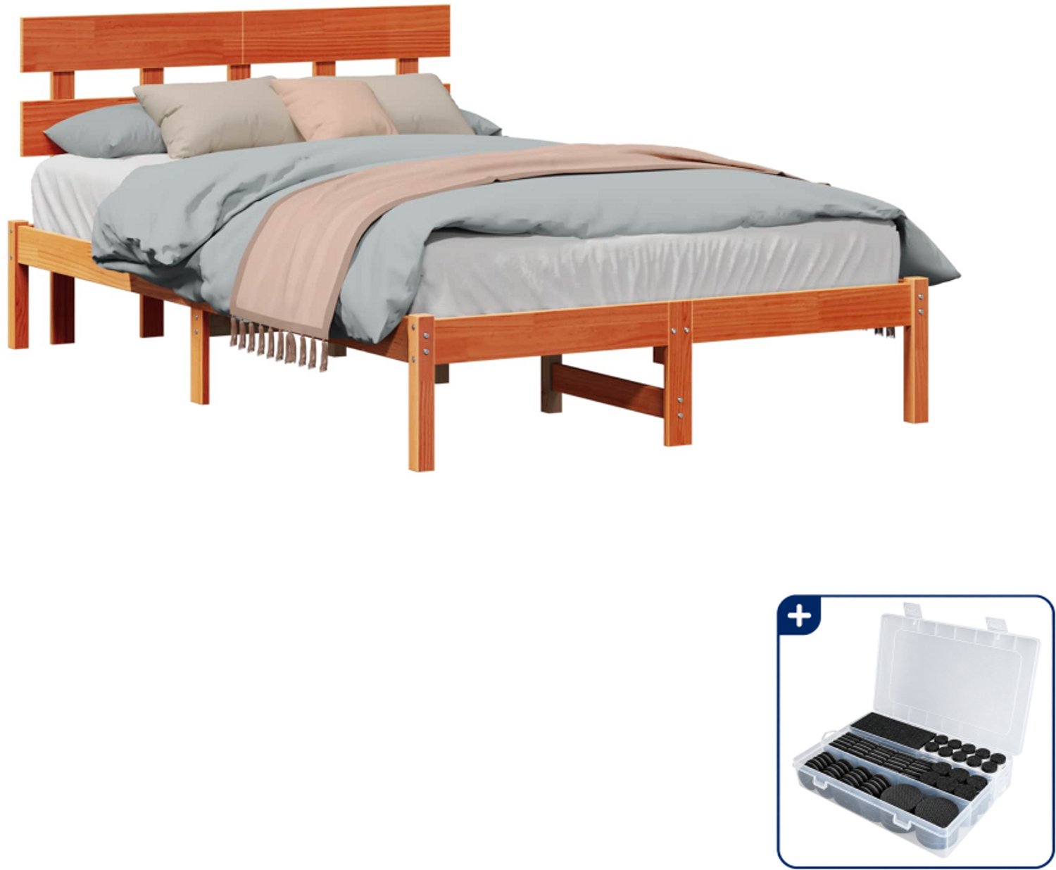 vidaXL bedframe met hoofdeinde - 135 x 190 cm - massief grenenhout - bruin - Inclusief antikrasvilt 177-delig