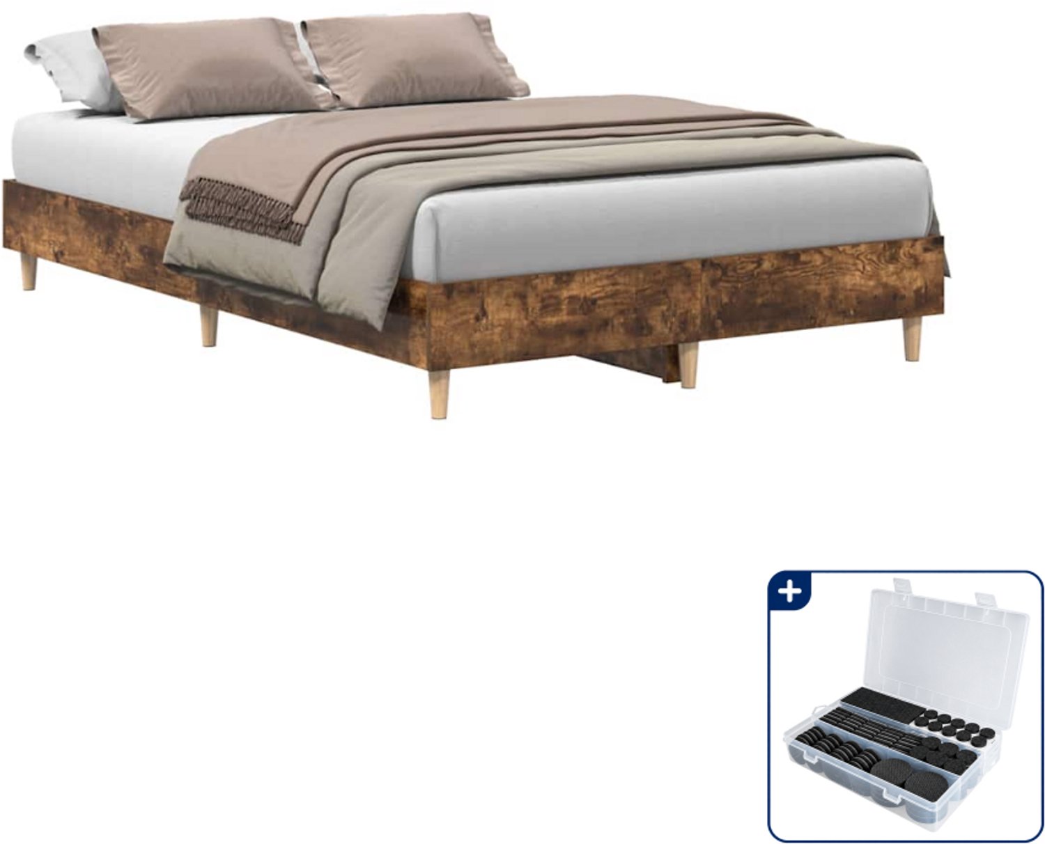 vidaXL bedframe - 135 x 190 cm - bewerkt hout - gerookt eiken - Inclusief antikrasvilt 177-delig Bruin