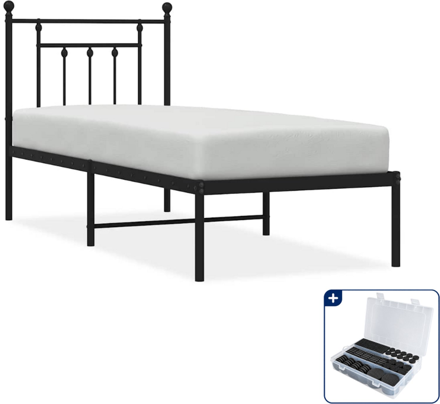 vidaXL bedframe met hoofdbord - 75 x 190 cm - staal - zwart - Inclusief antikrasvilt 177-delig