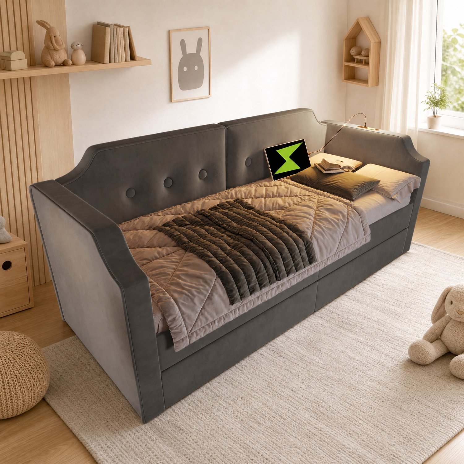 Maisentiel Gestoffeerd eenpersoonsbed 90 x 200 cm – grijs – 2 lades, leeslamp en USB-C