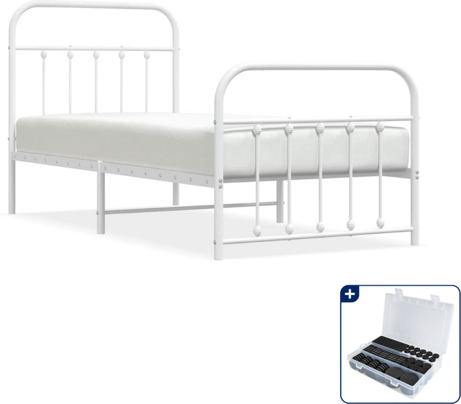 vidaXL bedframe met hoofd- en voeteneinde - 90 x 200 cm - metaal - wit - Inclusief antikrasvilt 177-delig