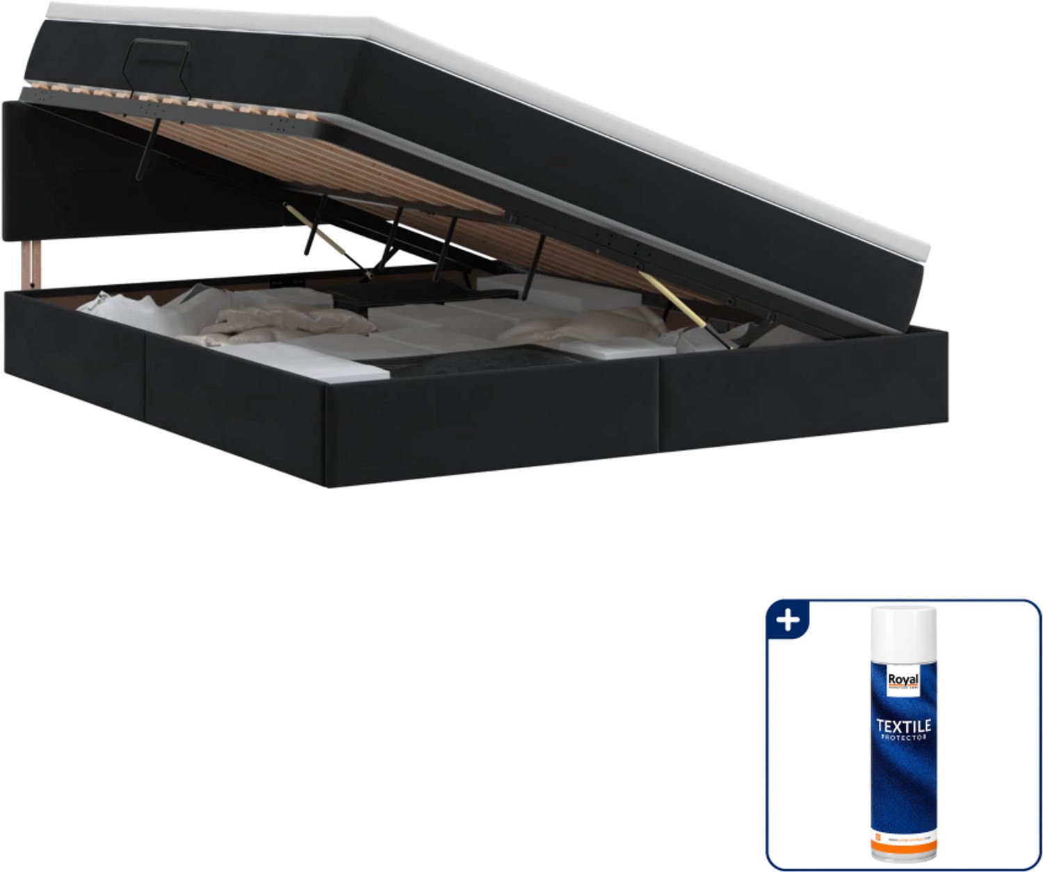 vidaXL Queensize bed met opbergruimte - 160 x 200 cm - zwart - Inclusief textielbeschermer 500 ml