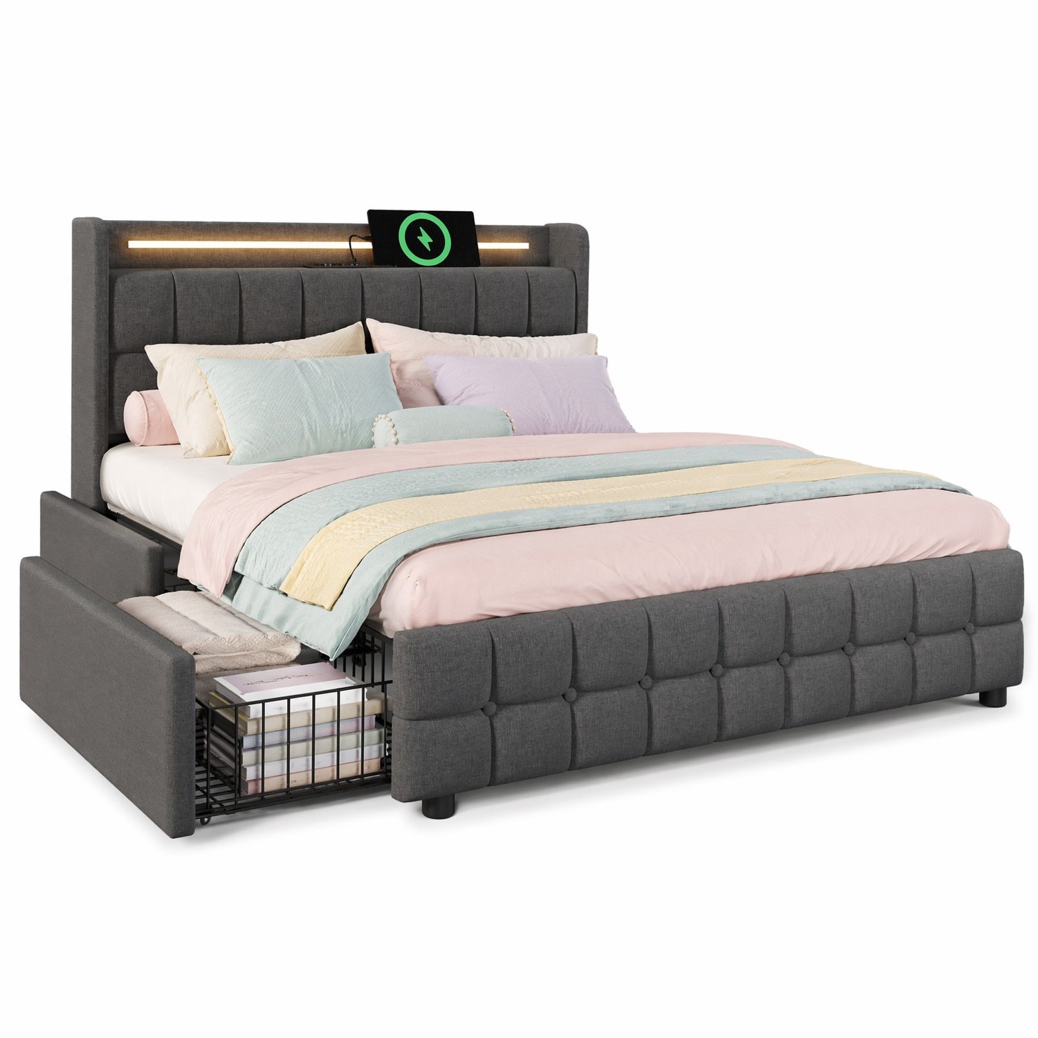 Maisentiel Grijs tweepersoonsbed 160 x 200 cm met 4 lades, LED-verlichting en USB