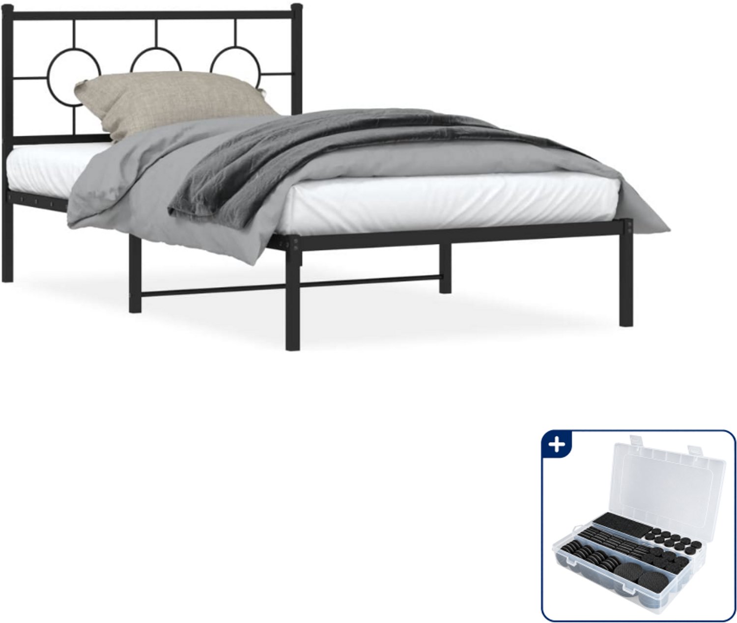vidaXL Bedframe - 107 x 203 cm - metaal - zwart - Inclusief antikrasvilt 177-delig
