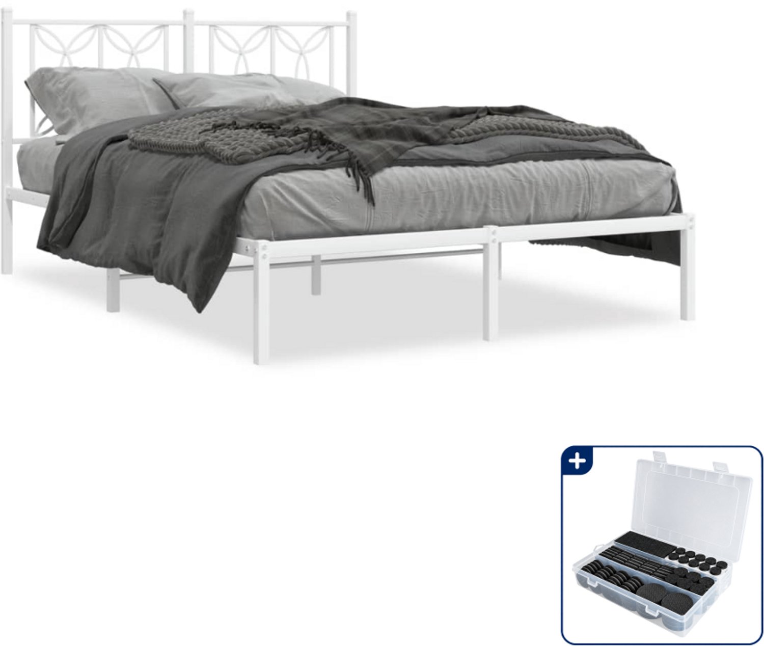 vidaXL bedframe met hoofdbord - 135 x 190 cm - staal - wit - Inclusief antikrasvilt 177-delig