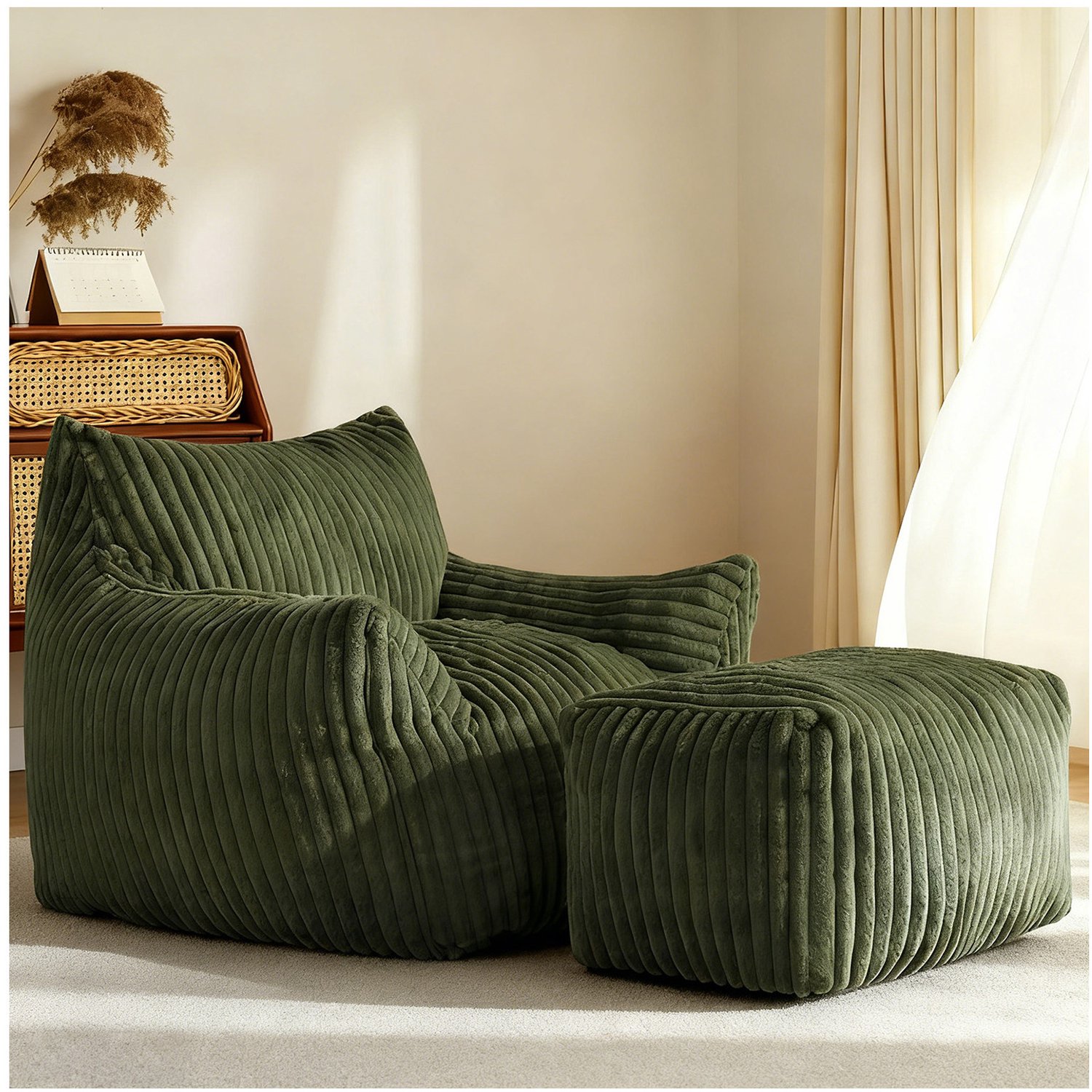 MIVRAY Fauteuil Met Hocker 103 x 90 x 72 cm - Vier Steunzones en Brede Armleuningen - Voor Woonkamer en Leeshoek - Flanellen Stof - Groen
