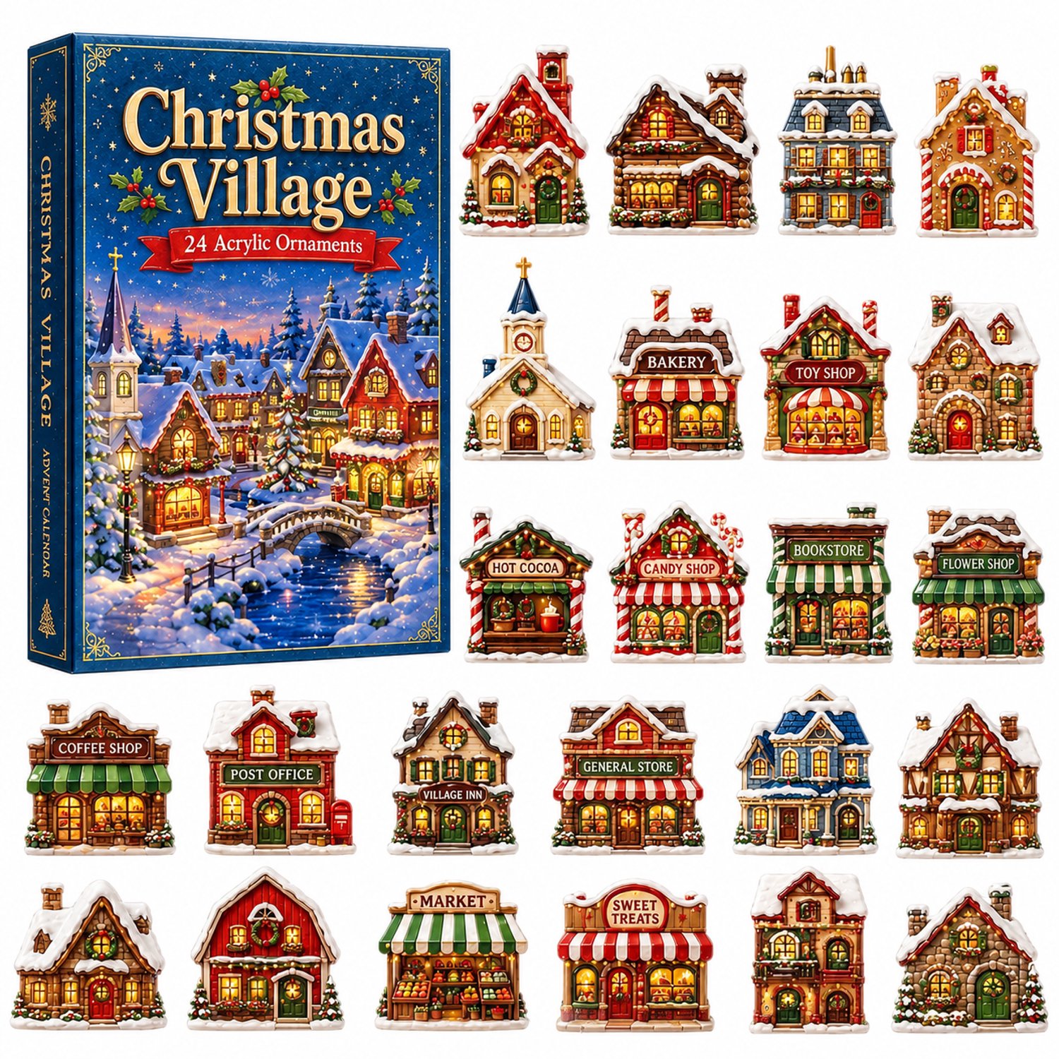Adventskalender kerstdorp met 24 acryl decoraties - Huizen, winkels en kerk - Met geïllustreerde doos
