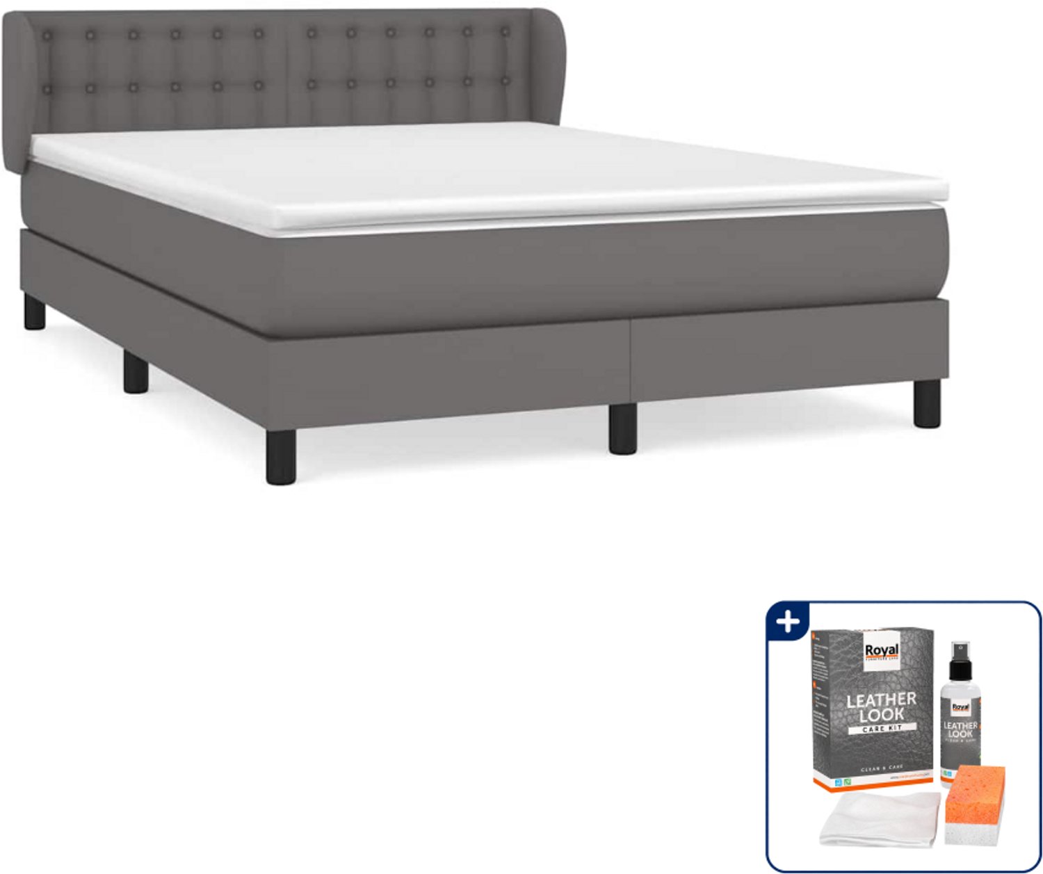 vidaXL Boxspring Small double - 140 x 200 cm - kunstleer - grijs - Inclusief onderhoudsset voor kunstleer 150 ml