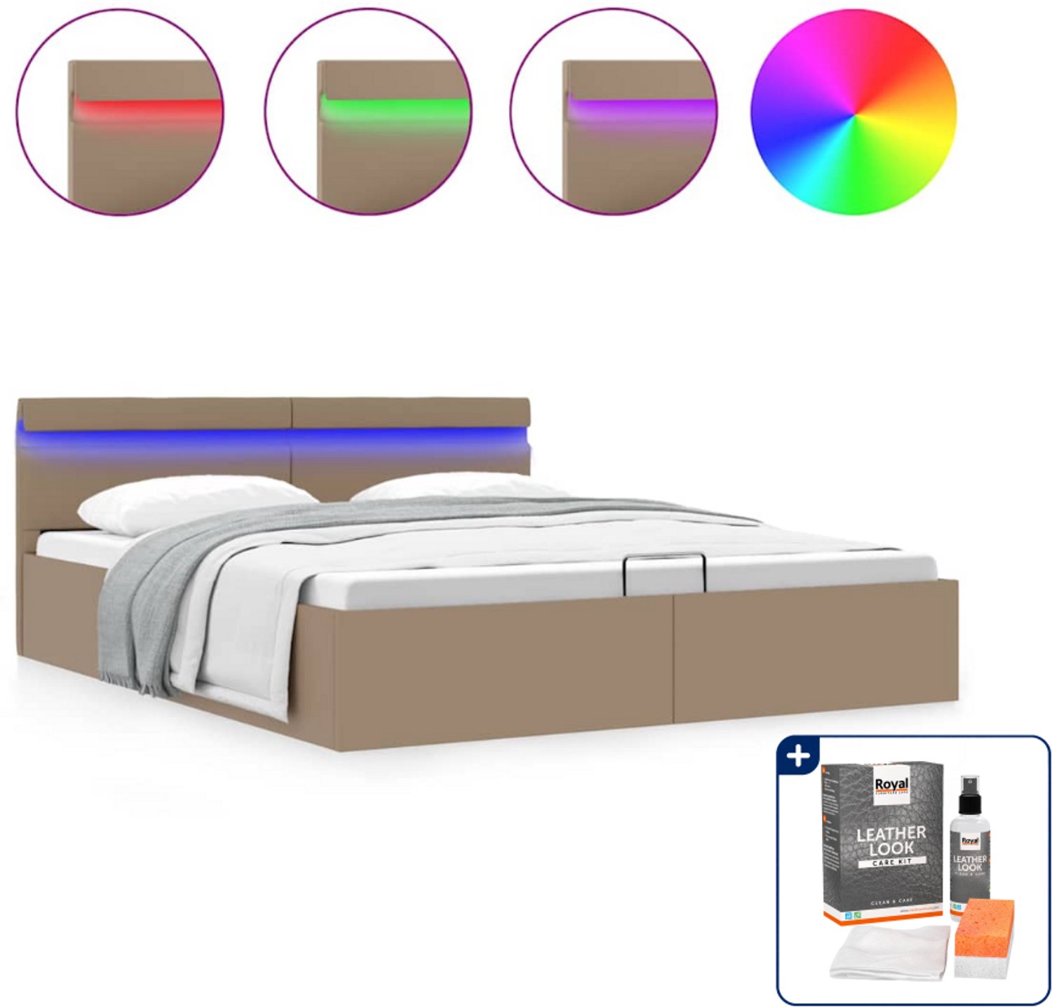 vidaXL bedframe met opbergruimte - Queensize - 160 x 200 cm - cappuccino - Inclusief onderhoudsset voor kunstleer 150 ml Wit