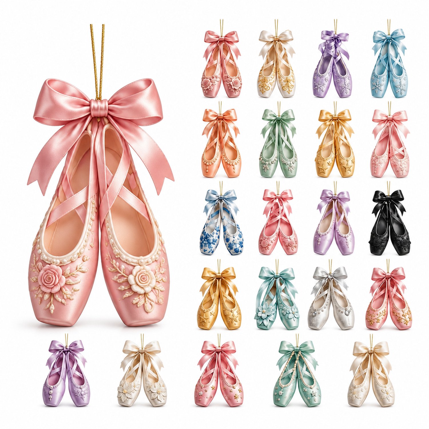 Adventskalender 2026 met 24 kleurrijke acryl balletschoenhangers, platte hangdecoraties met ophanglus, in papieren doos
