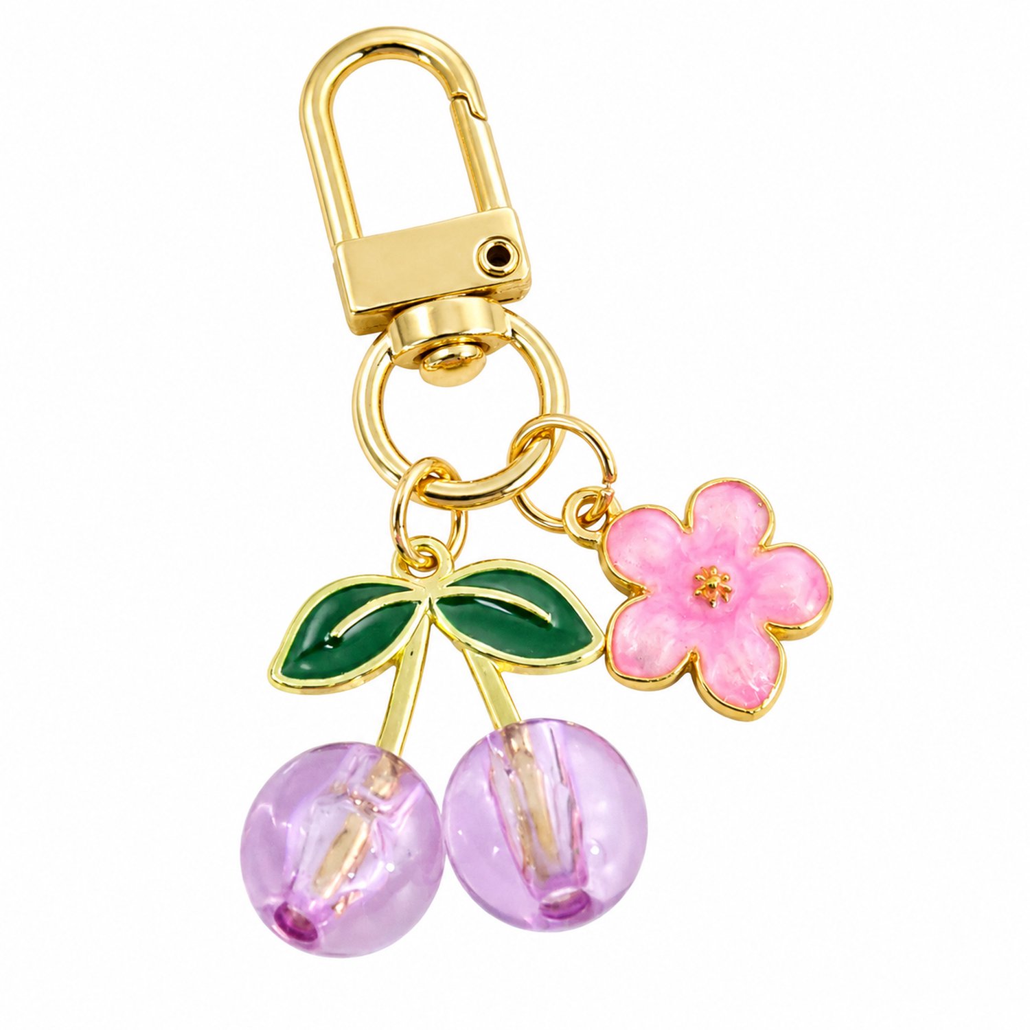 Sleutelhanger met paarse kersen, roze bloem en groene blaadjes, goudkleurige sluiting, tashanger