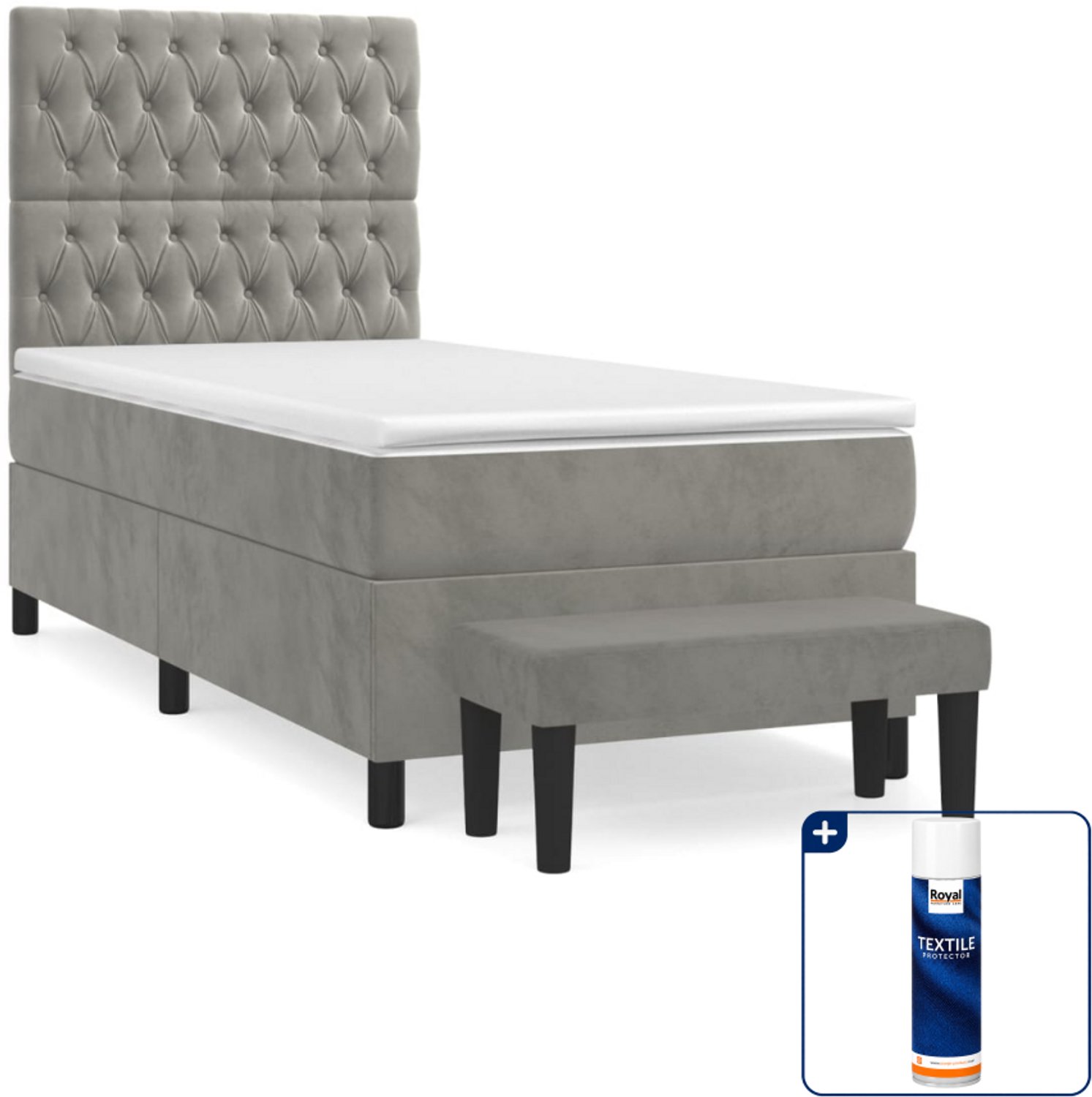 vidaXL boxspring met matras en bankje - 100 x 200 cm - lichtgrijs - Inclusief textielbeschermer 500 ml