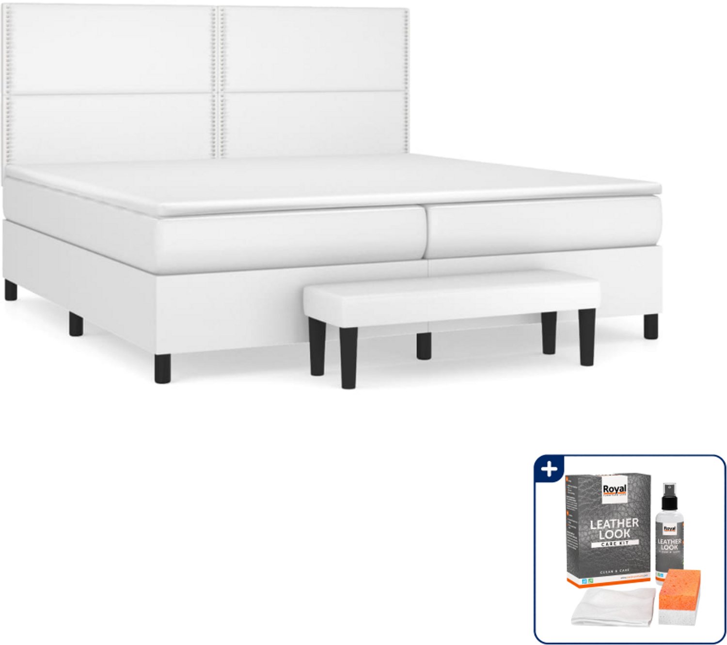 vidaXL boxspring met matras en bankje - 200 x 200 cm - kunstleer - wit - Inclusief onderhoudsset voor kunstleer 150 ml