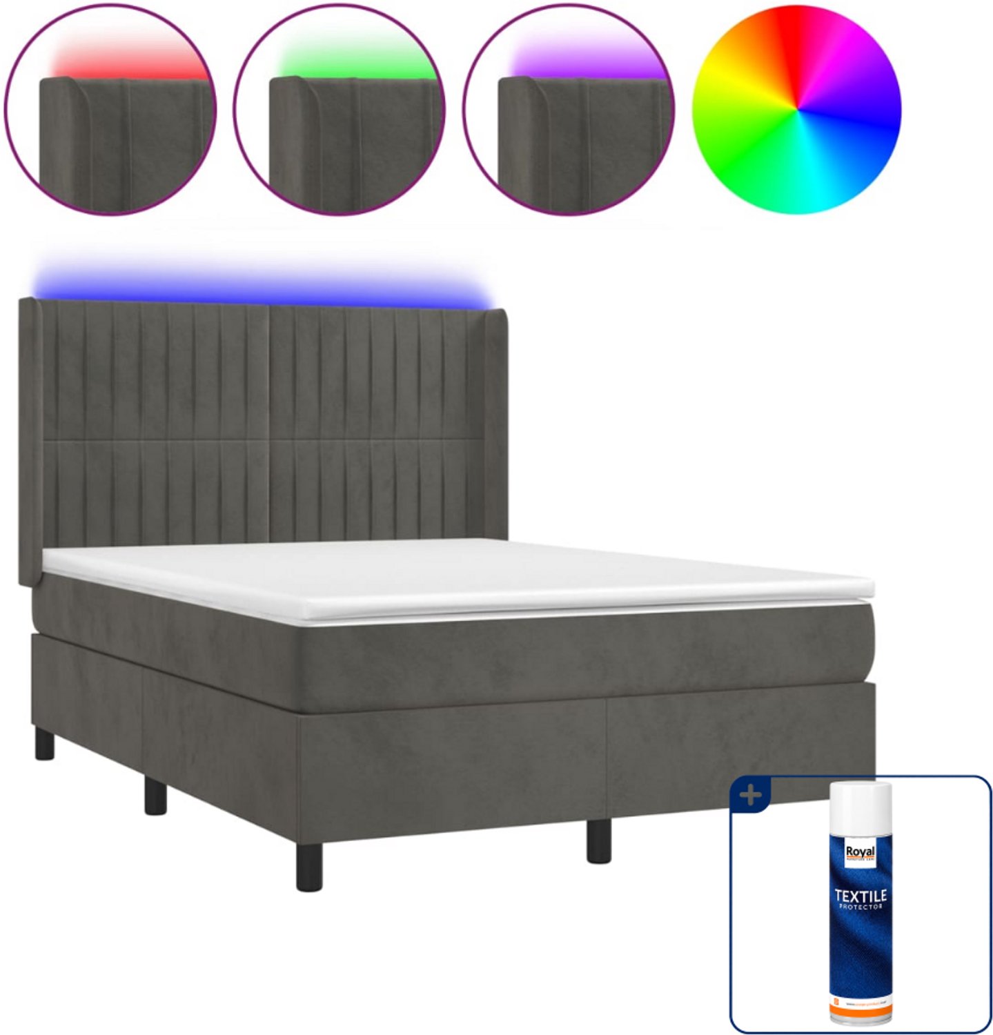 vidaXL Boxspring met matras en LED - 140 x 190 cm - fluweel - donkergrijs - Inclusief textielbeschermer 500 ml