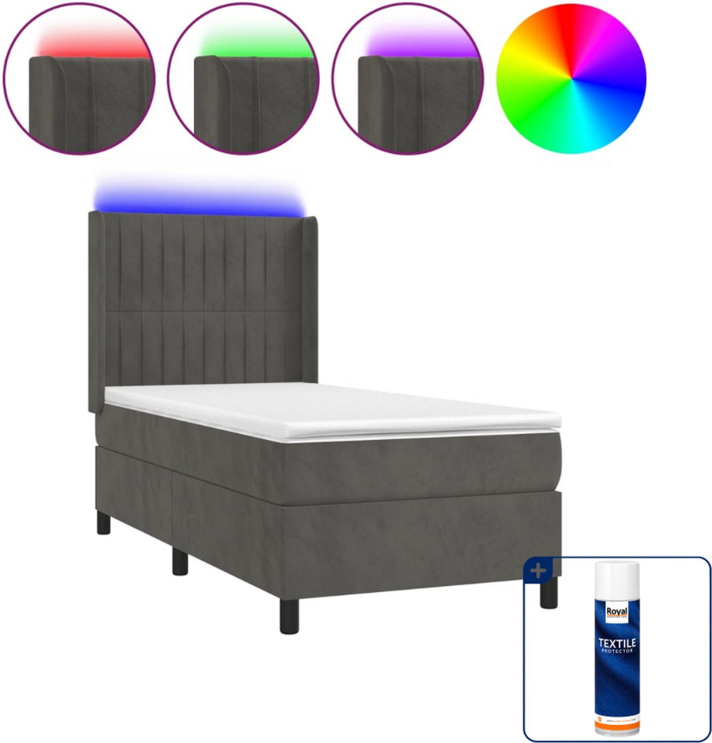 vidaXL boxspring met matras en led - 80 x 200 cm - fluweel - donkergrijs - Inclusief textielbeschermer 500 ml