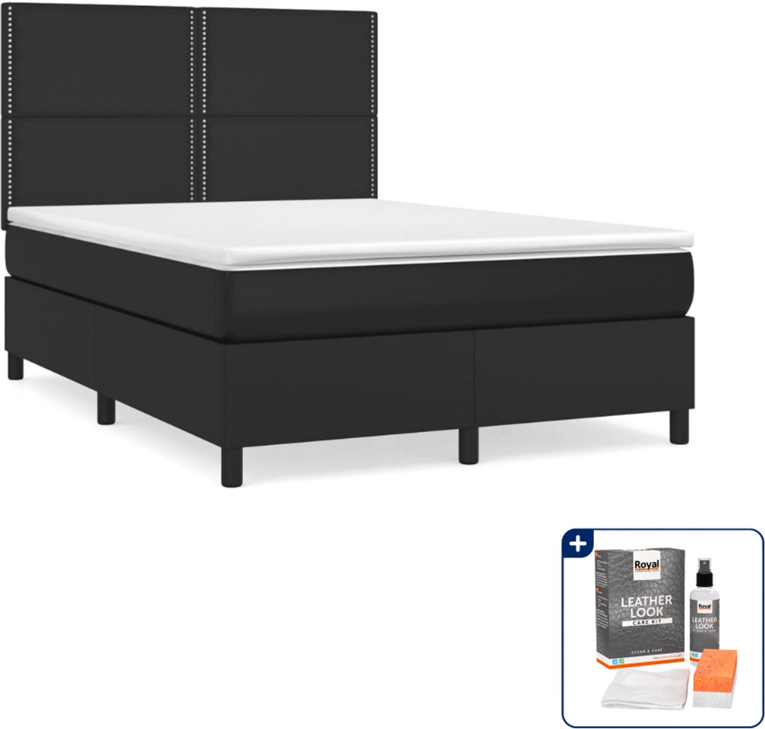 vidaXL Boxspring Small double - 140 x 200 cm - kunstleer - zwart - Inclusief onderhoudsset voor kunstleer 150 ml