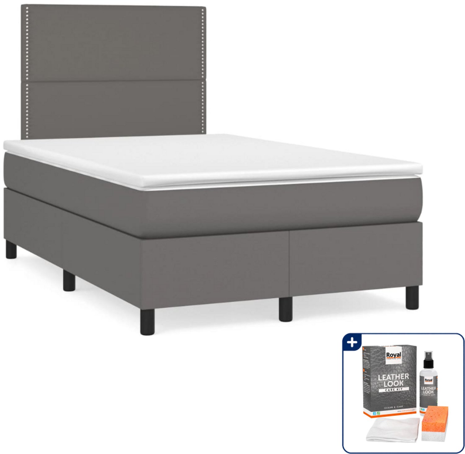 vidaXL boxspring met matras - 120 x 200 cm - kunstleer - grijs - Inclusief onderhoudsset voor kunstleer 150 ml