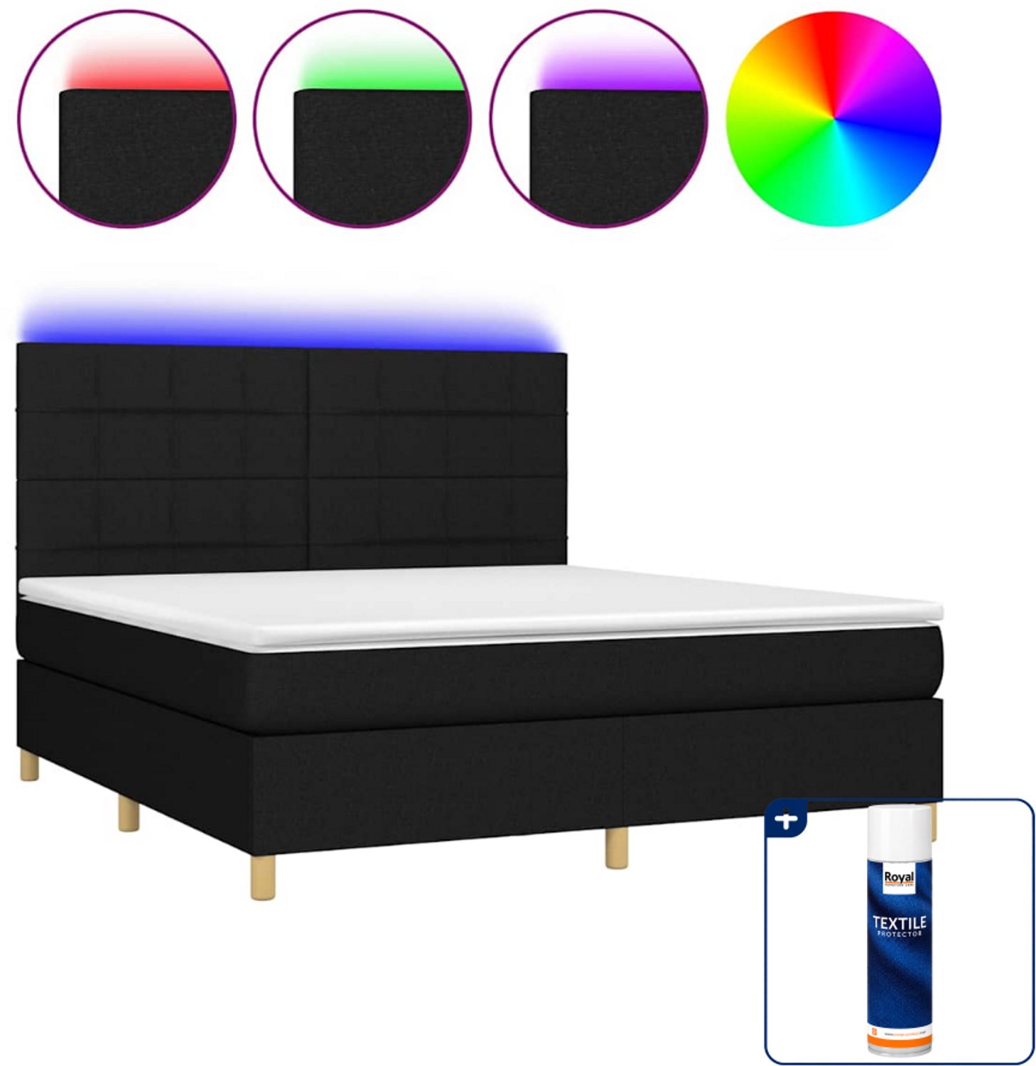 vidaXL Queensize boxspring met matras en LED - 160 x 200 cm - zwart - Inclusief textielbeschermer 500 ml