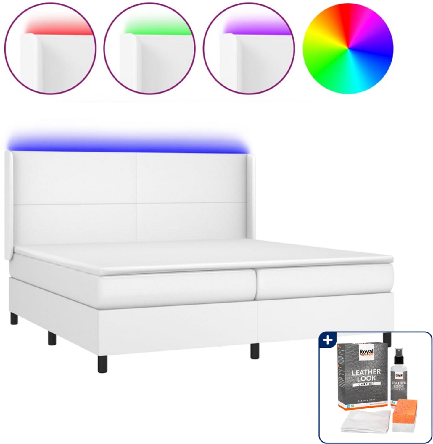 vidaXL boxspring met matras en led - super kingsize - 200x200 cm - wit - Inclusief onderhoudsset voor kunstleer 150 ml