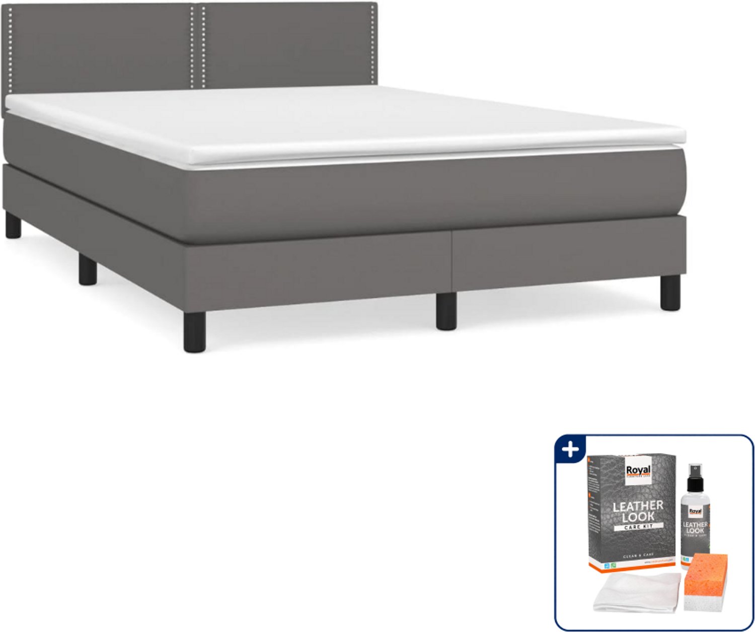 vidaXL boxspring met matras - 140 x 190 cm - grijs - Inclusief onderhoudsset voor kunstleer 150 ml