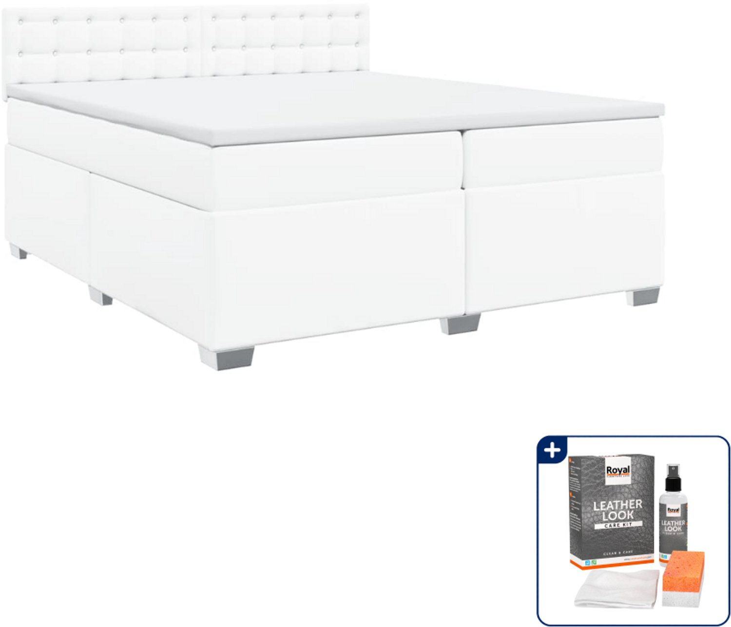 vidaXL Boxspring met matras - Super kingsize - 200 x 200 cm - wit - Inclusief onderhoudsset voor kunstleer 150 ml